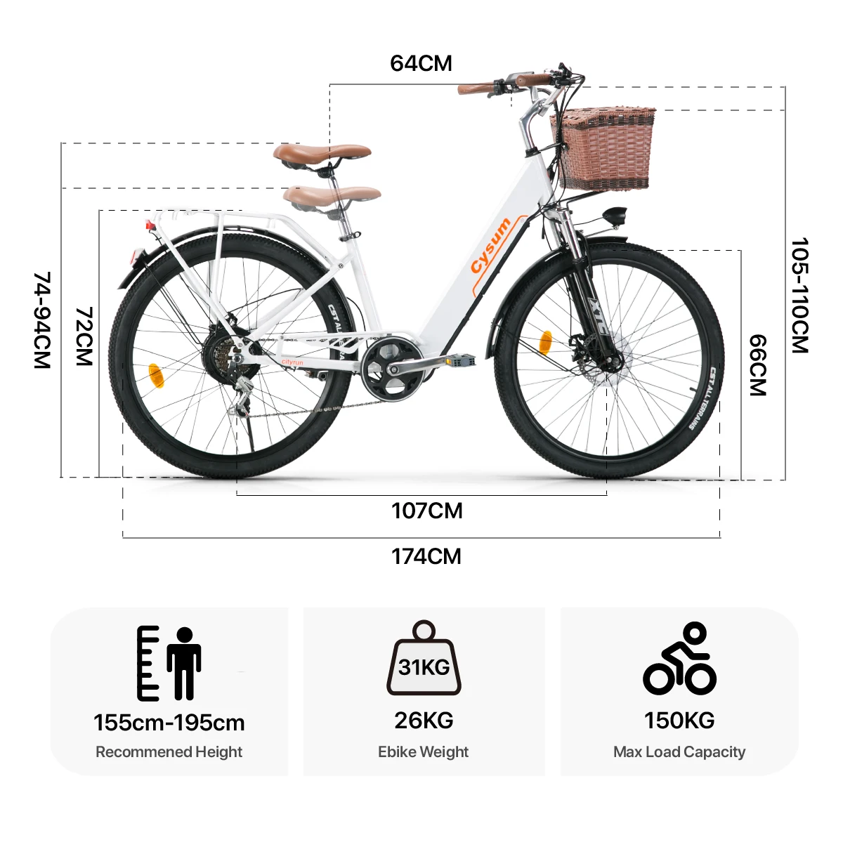 CYSUM Cityrun-26 Elektrofahrrad 250W Motor Mädchenmodell Elektrofahrrad 36V 10Ah Batterie All-Terrain-Elektrofahrrad – Detail 8