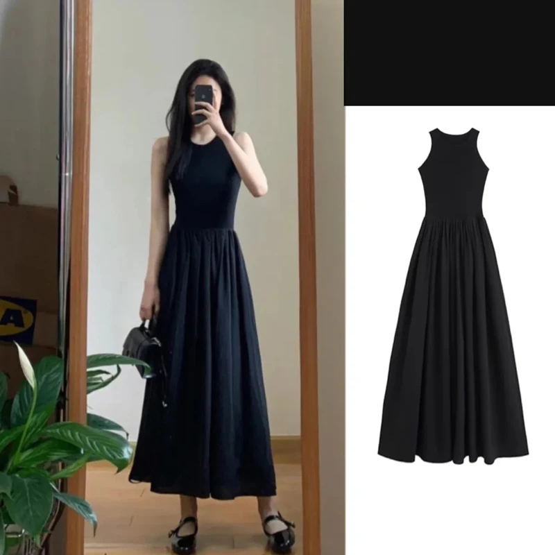 

SLPBELY2023 New Summer Black Retro Dress Female French Hepburn Wind Temperament Thin Undershirt Skirt Senior Sense Of Long Skirt