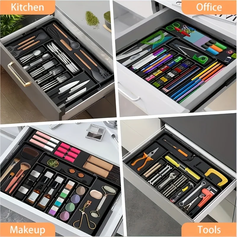 Black/White/Gray Expandable Kitchen Organizer-Ideal for Tableware (Spoons, Forks, Knives)Large，tableware and knife storage box