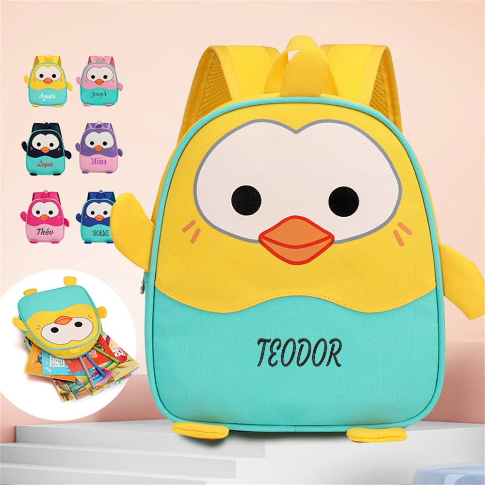 

Personalized Kindergarten Backpack for 2-6 Year Old Child in Small Class Custom Name Cute Colored Penguin Student Schoolbags