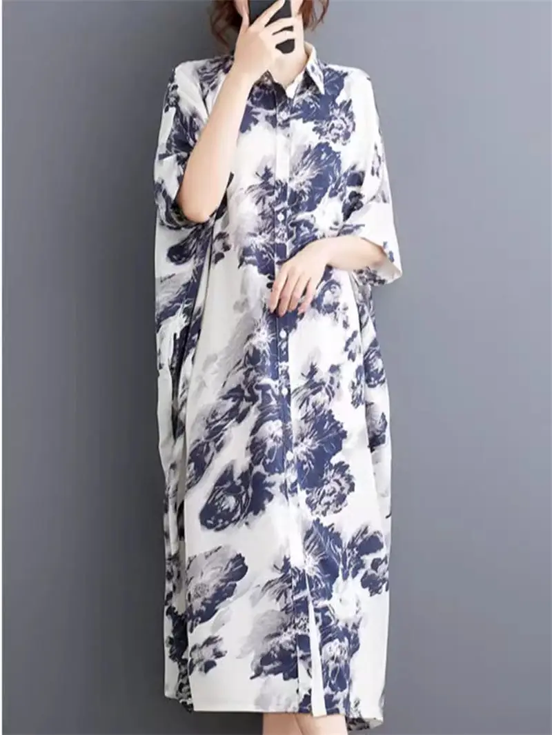

Женское шифоновое платье-рубашка, повседневное свободное платье с принтом чернил и коротким рукавом, модель K1582 в Корейском стиле на лето, 2024