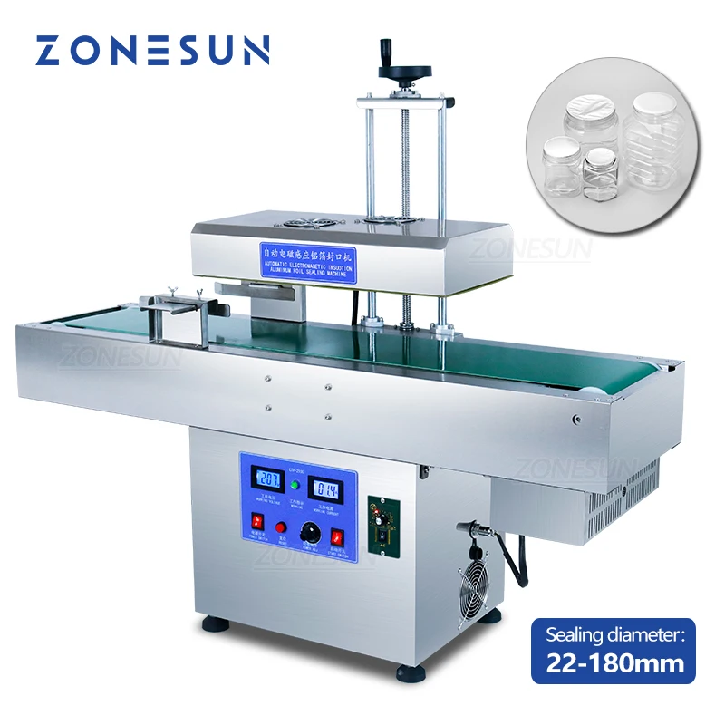 ZONESUN Automatic Aluminum Foil Sealing Machine Round Plastic Vial Bottle Lid 22-180mm ZS-FK1800 zonesun 20 100mm hand held electromagnetic induction aluminum foil sealing machine honey plastic glass bottle cap sealer