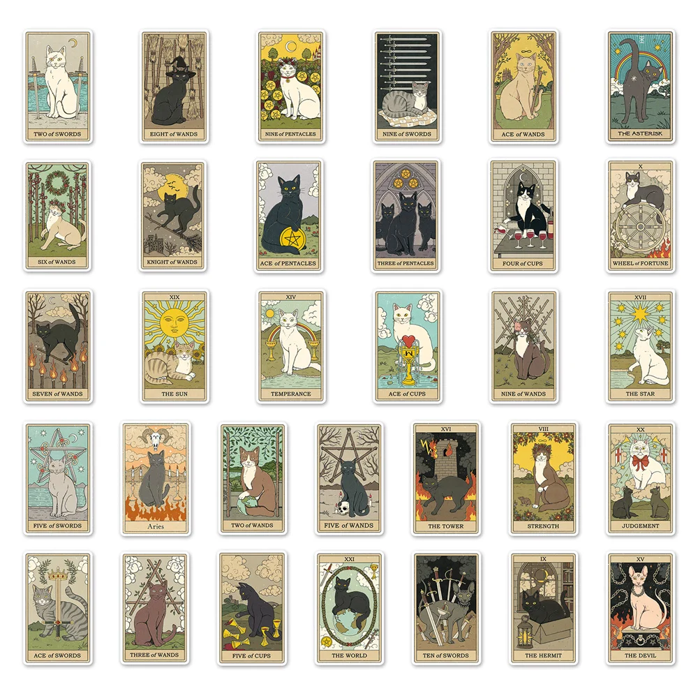 50/62pcs Retro Cat Tarot Stickers Scrapbook Stationery Ipad Vintage Sticker Aesthetic Scrapbooking Material Craft Supplies decorative stickers,paper stickers,animal stickers