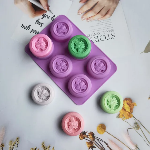 6 Holes Round Bees Pattern Silicone Soap Molds DIY Handmade Aromath Soaps Scented Candle Chocolate Mousse Making Mould