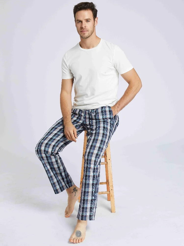 Confezione Da 3 Pantaloni Pigiama Uomo In Raso Di Seta - Motivi Scozzesi E Righe, Con Tasche E Elastico In Vita, Taglie USA - 2