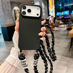 Braided Crossbody Strap Silicone Lanyard Case - Candy Color Soft Cover - iPhone 14 Plus (BZGS - Black)