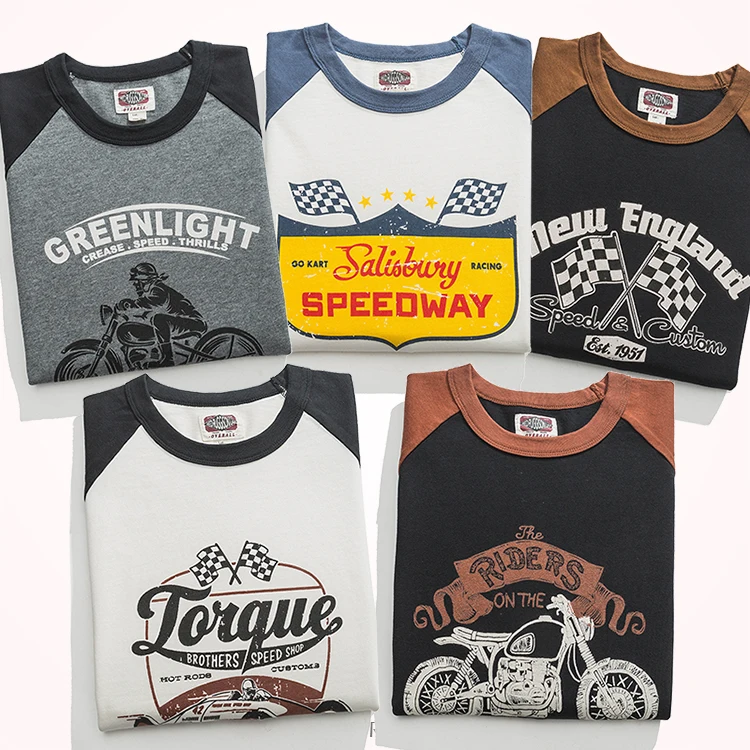 

Autumn American Retro Long Sleeve Heavyweight Locomotive Printed T-shirt Men's Fashion 100% Cotton Contrast Splicing Casual Tops