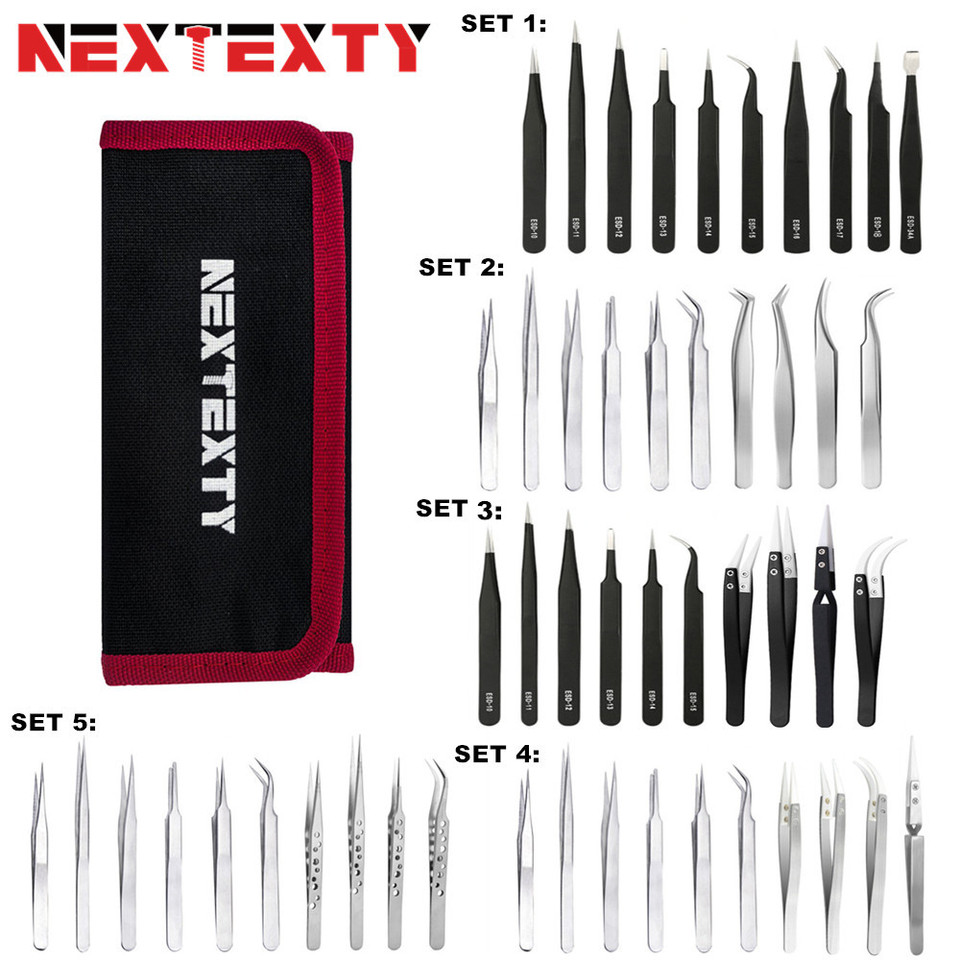  10Pcs Tweezers Set With Bag Industrial Electronic ESD Stainless Steel Anti-Static Precision Tweezer Kits Phone Repair Hand Tools 