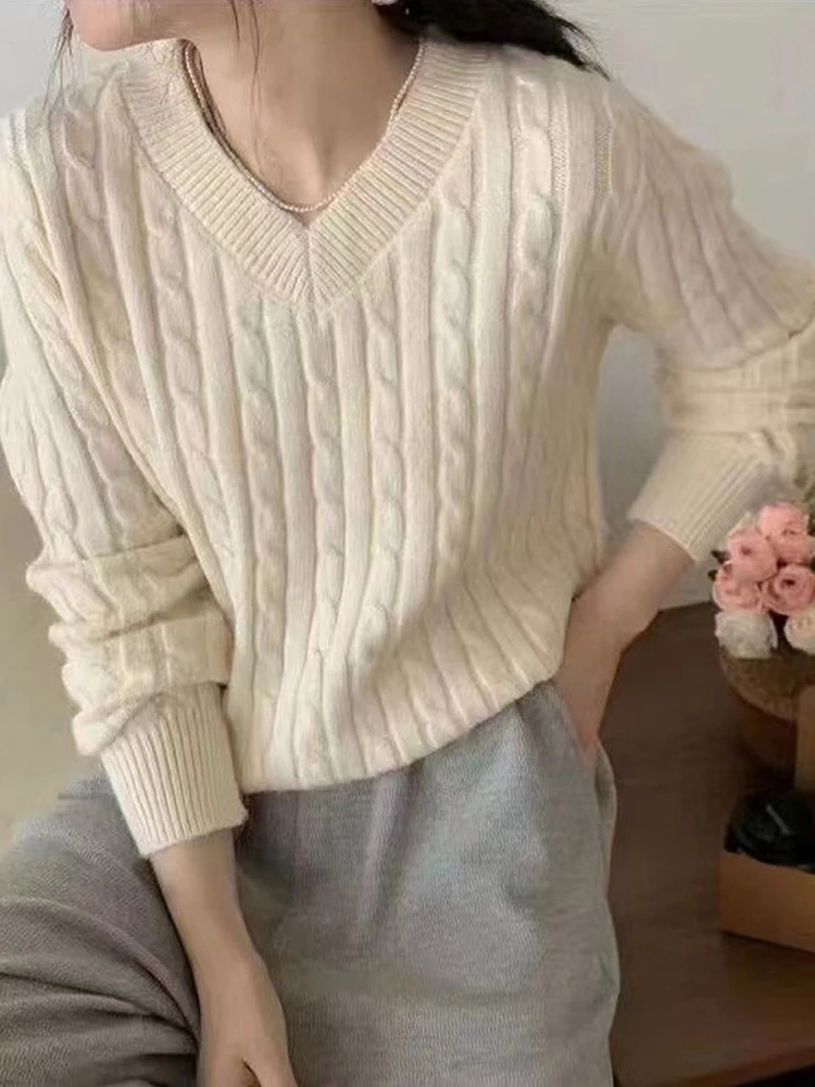 

Casual Short Pullovers Lady Sweater V-neck Slim Solid Womens Jumper 2024 Autumn Winter Female Long Sleeve Twist Knitted Top