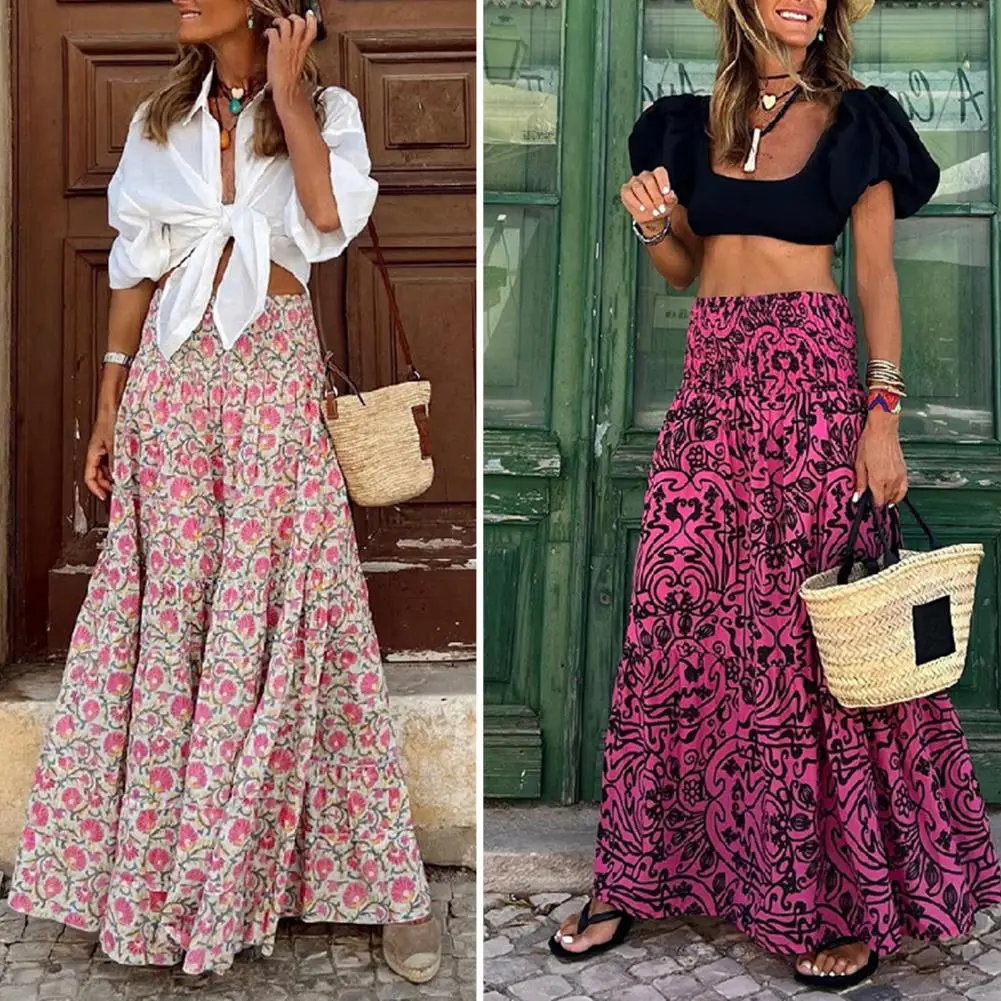 

Fashion High Waist Elastic Waistband Maxi Skirt Patchwork Ruffles Large Hem Retro Floral Print A-Line Holiday Skirt Streetwear
