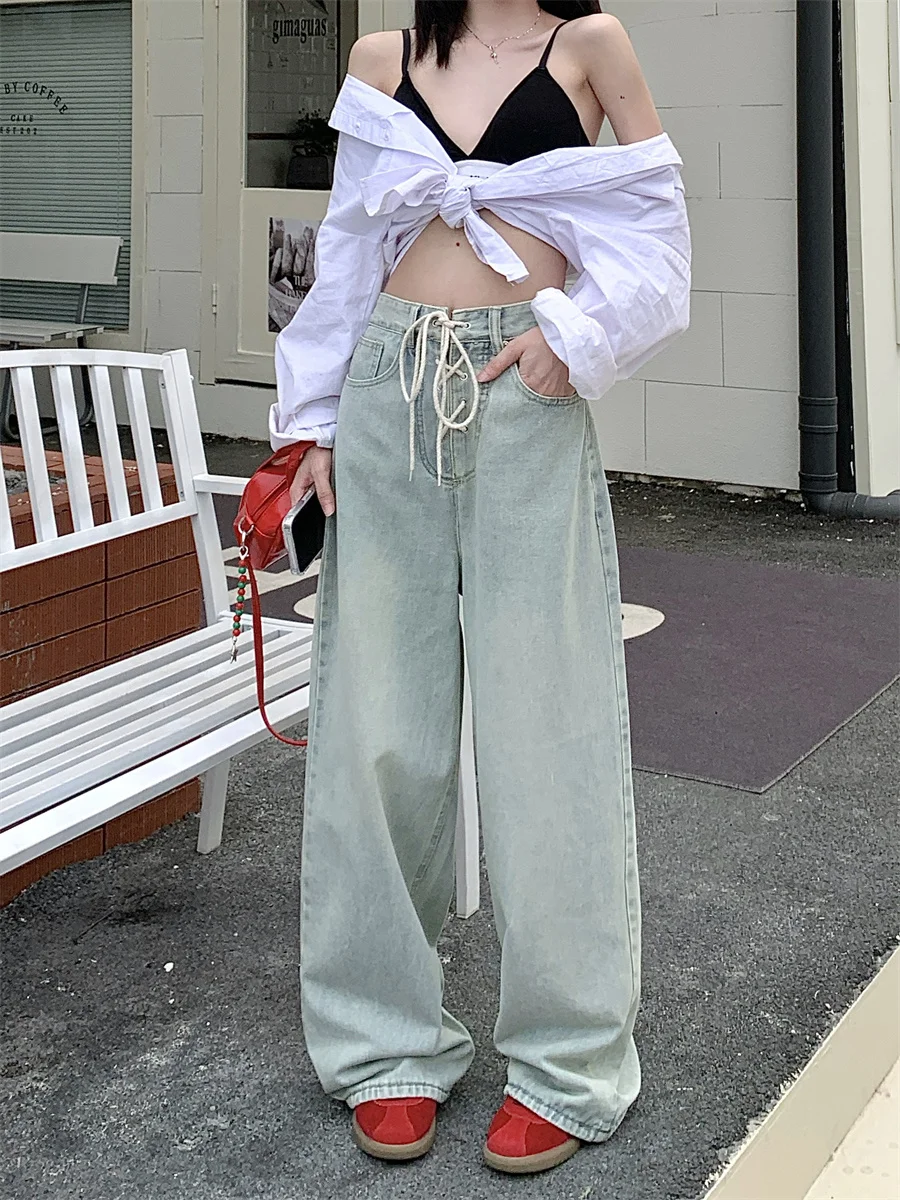 

Slergiri New korean retro loose lace-up high-waisted wide-leg jeans women's streetwear y2k american washed denim long trousers