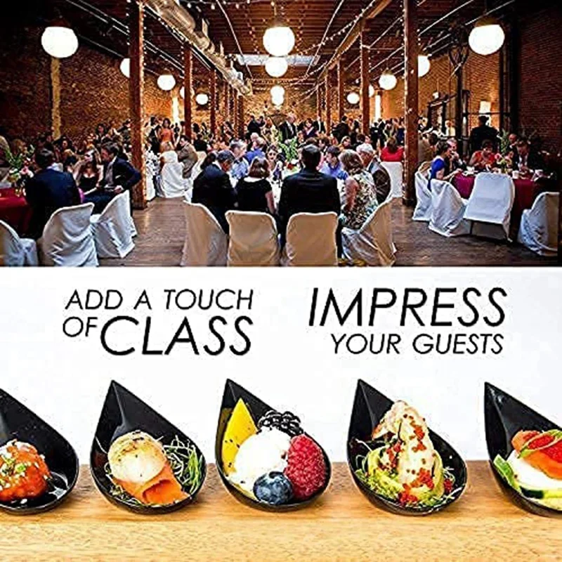 100 Tear Drop Mini Appetizer Plates-Mini Dessert Plates Tasting Spoons Plastic Spoons Dessert Spoon Bowls, Black HOT
