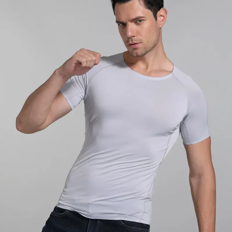 Summer Men Ice Silk Shirt Short Sleeves Seamless Round Neck Top Bodybuilding Thin Elastic Breathable Undershirt Pullover