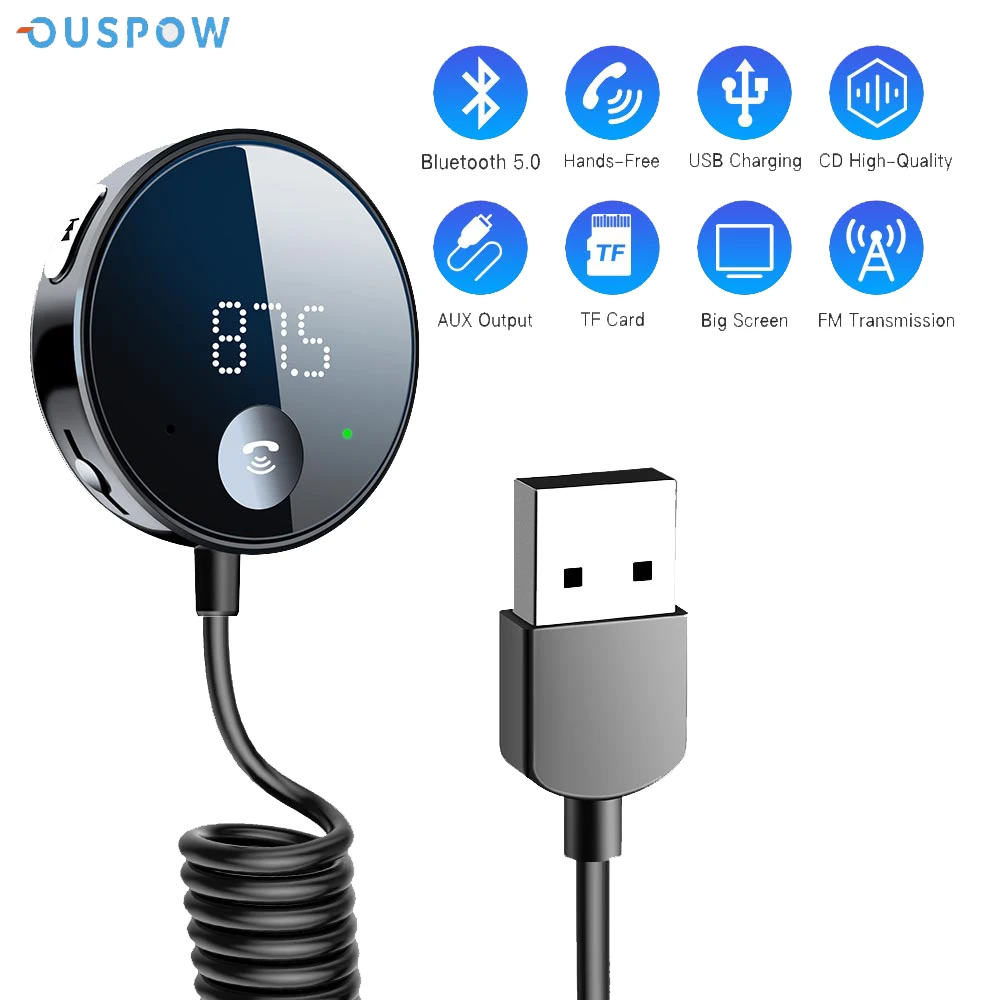 Ouspow Bluetooth 5.0 Car Audio Transmitter Wireless Bluetooth FM Transmitter AUX Audio Receiver MP3 Player Car Kit Handsfree