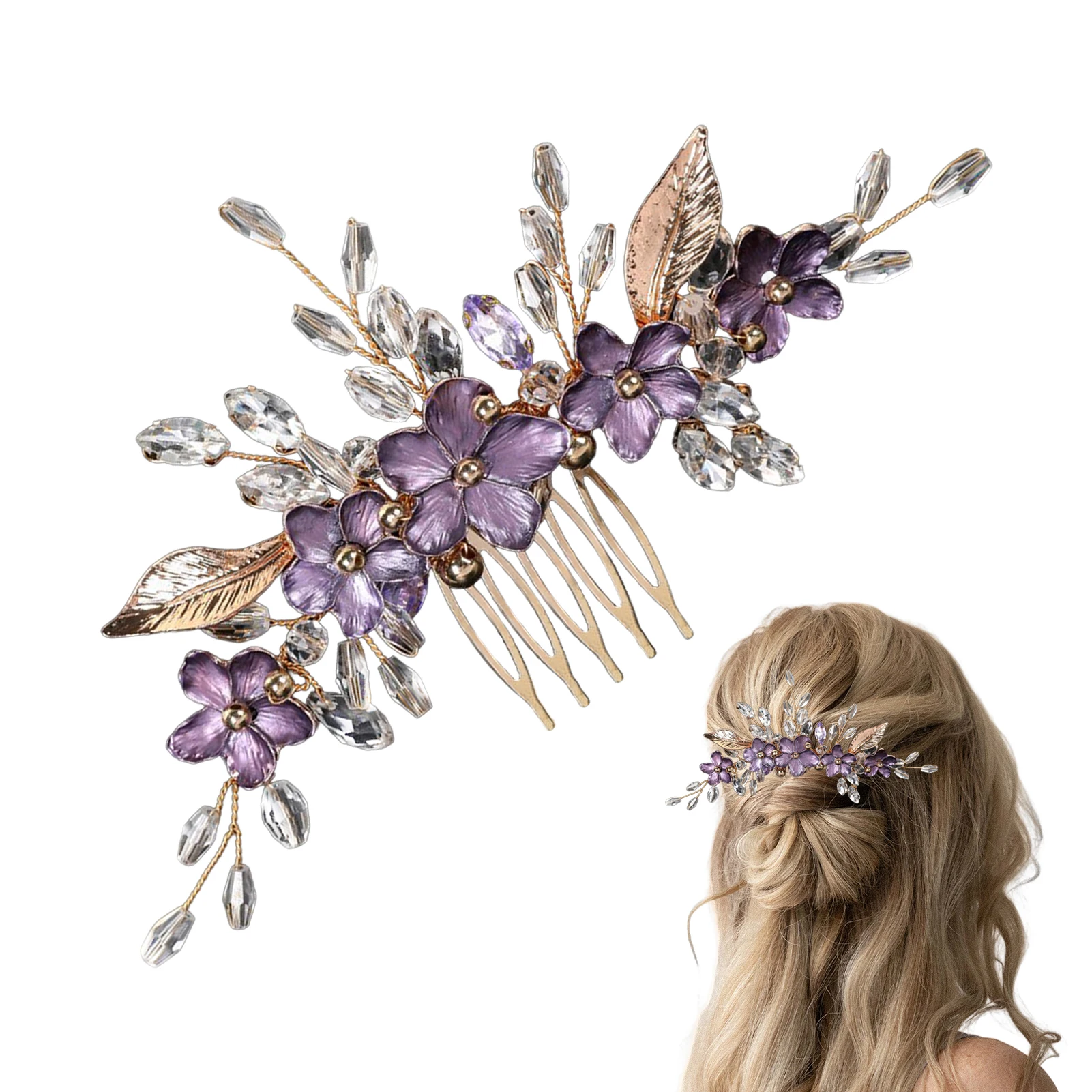Lila Blumen-Haarkämme für die Braut, Hochzeit, goldfarbene Haarnadeln aus Legierung, seitliche Clips, Kristallperlen, Dekor, Brautparty, Haarschmuck – Detail 8