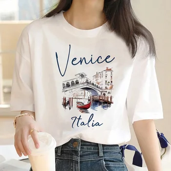 Hot Sale Venice Italia Letter Print Women's Crew Neck T-Shirt  Casual Short Sleeve Letter Print Spring Summer Top Tee T Shirt 1