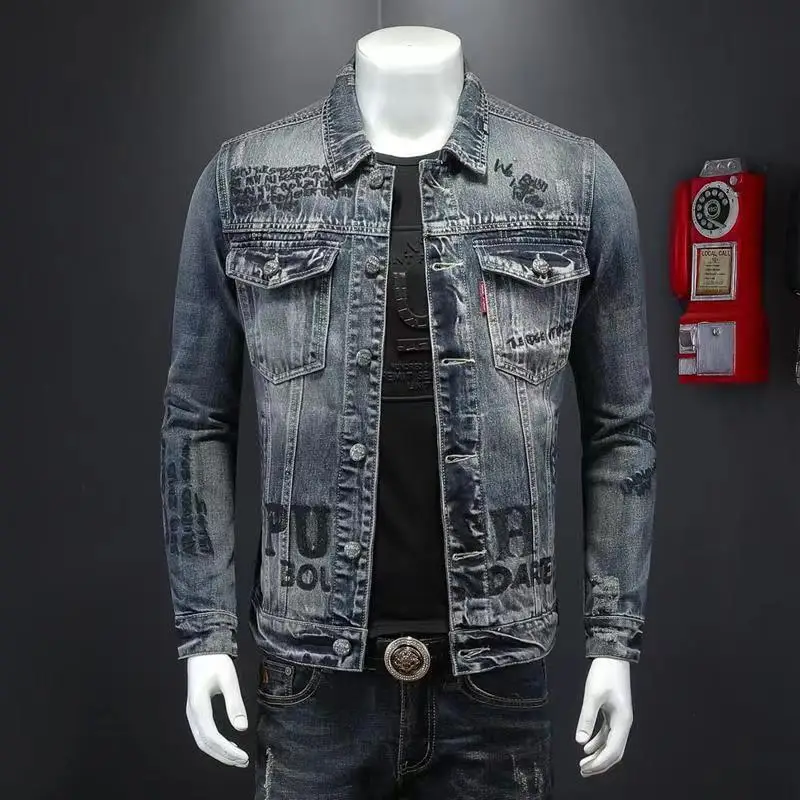 

Light Luxury Men’s Classic Style Denim Coat,Letters Embroidery Decors Retro Jackets,Hard Wash Street Fashion Sexy Denim Jacket;