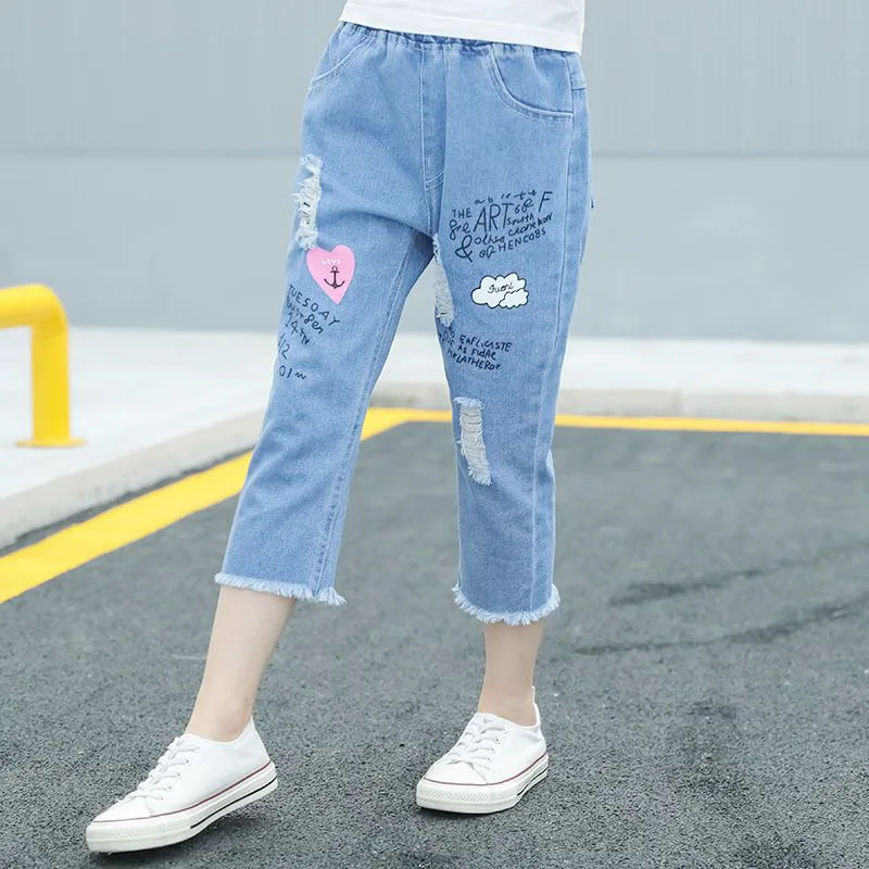 

5-12 Years Summer Jeans For Kids Girls Print Thin Trousers Spring Calf-length Straight Pants