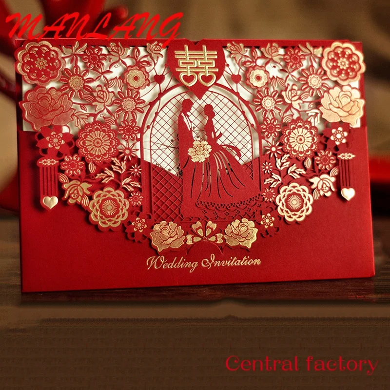 

Custom Hollow-out Handmade Laser Cut Wedding Invitations Fancy Invitation Greeting Cards Red Pocket Custom Bonus