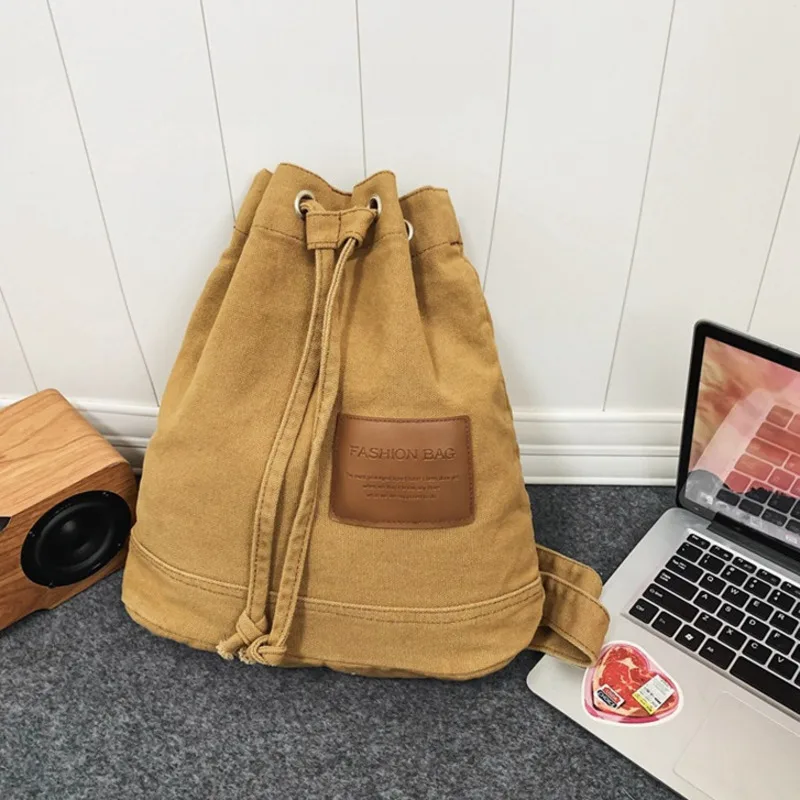 Women's Shoulder Bag 2024 New Drawstring Canvas Bag Solid Color Simple Commuting Large Capacity Fashion Backpack