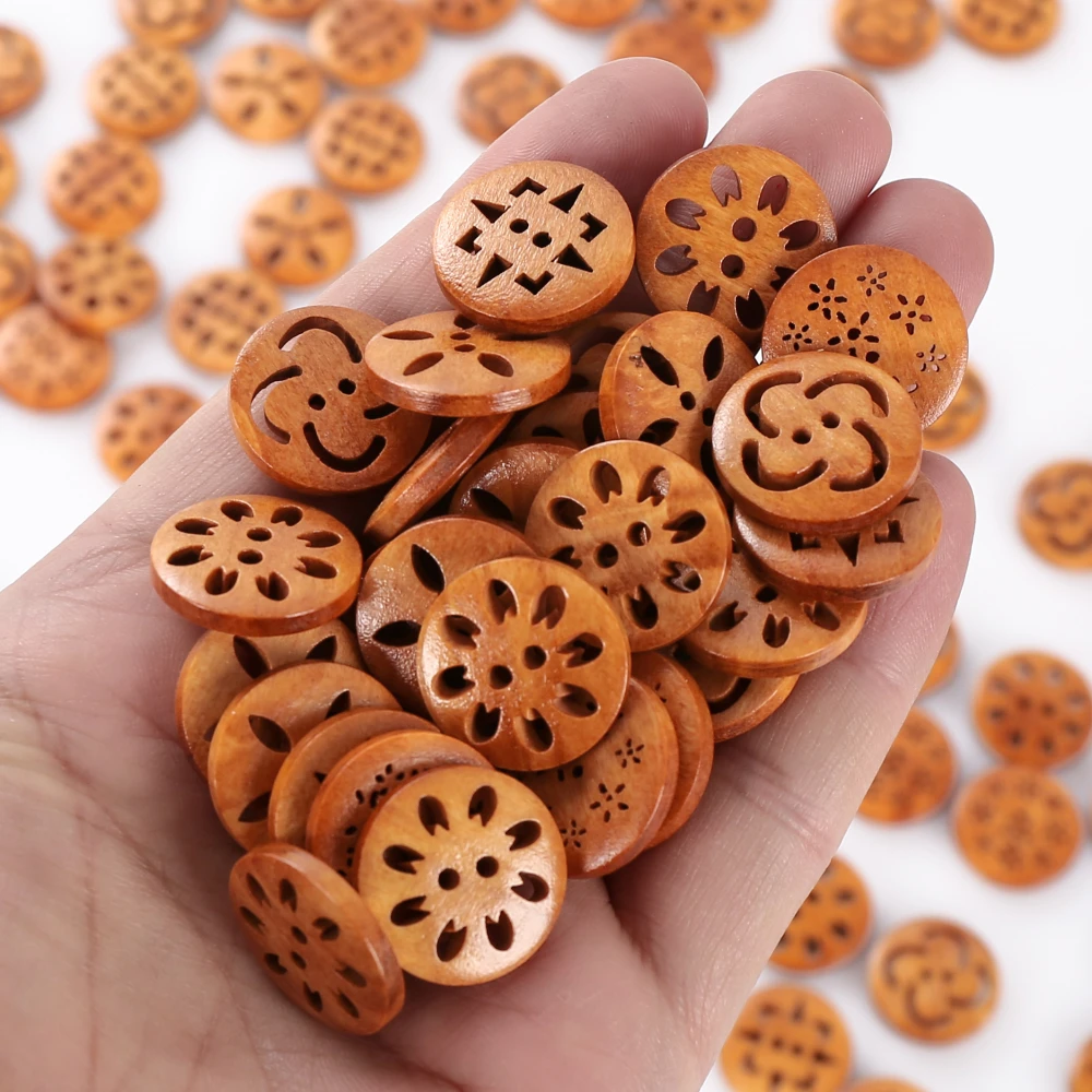 50Pcs/lot Hollow Wooden Buttons 20mm Light Brown Handmade Accessories DIY for Arts  Crafts 4