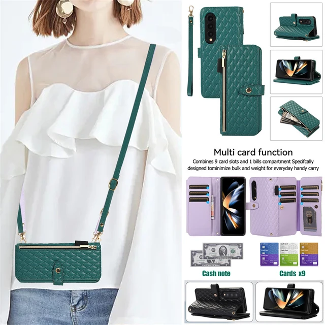 For Samsung Galaxy Z Fold 5 4 3 Case Leather Bag Lanyard Crossbody Rhombic  Wallet Shoulder Strap Cover For Z Fold5 Fold4 Fold3