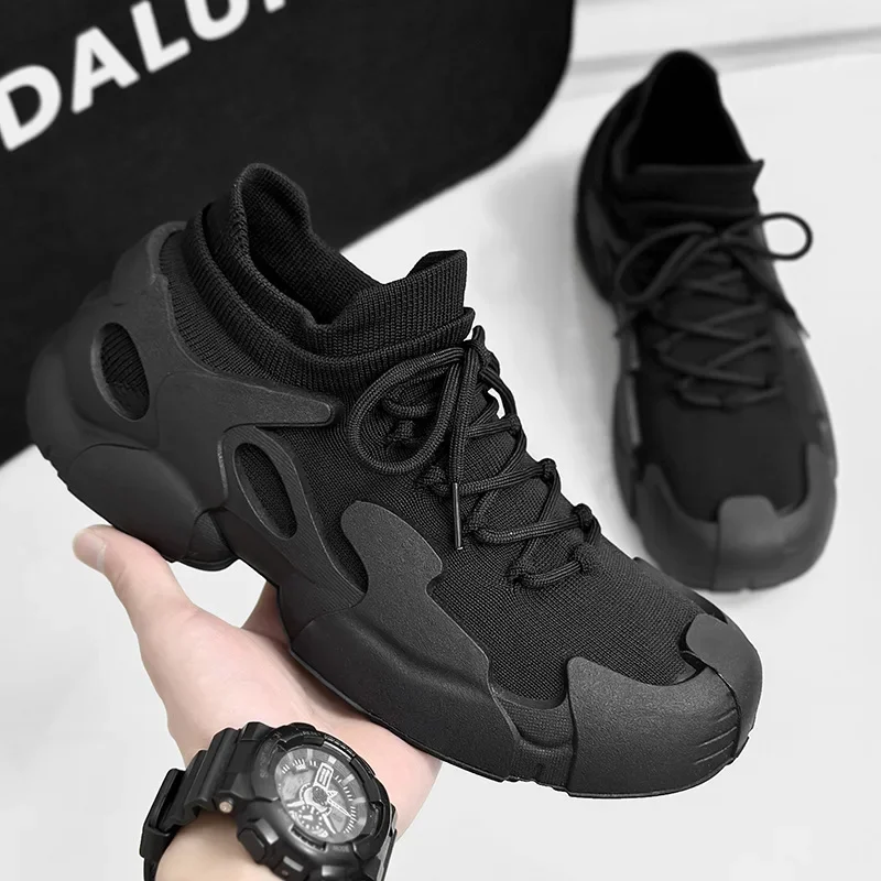 New Men Sock Shoes Breathable Lightweight Lace Up Comfortable Sneakers Round Toe Solid Colour Wear Resistant Vulcanised Shoe 5