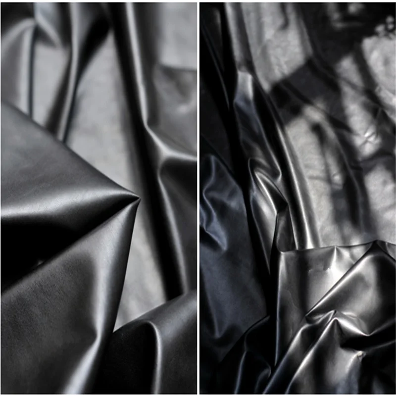 

Dark Black Matte High Stretch Knitted Imitation Leather Fabric-matte Lambskin Style Four-sided Stretch PU Fabri