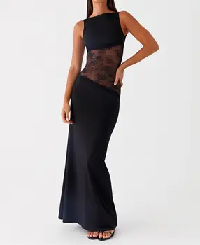 Abiti lunghi eleganti con cut-out in pizzo per le donne 2025 Abito da festa sexy patchwork per le vacanze Abito lungo senza schienale estivo Vendita calda SML