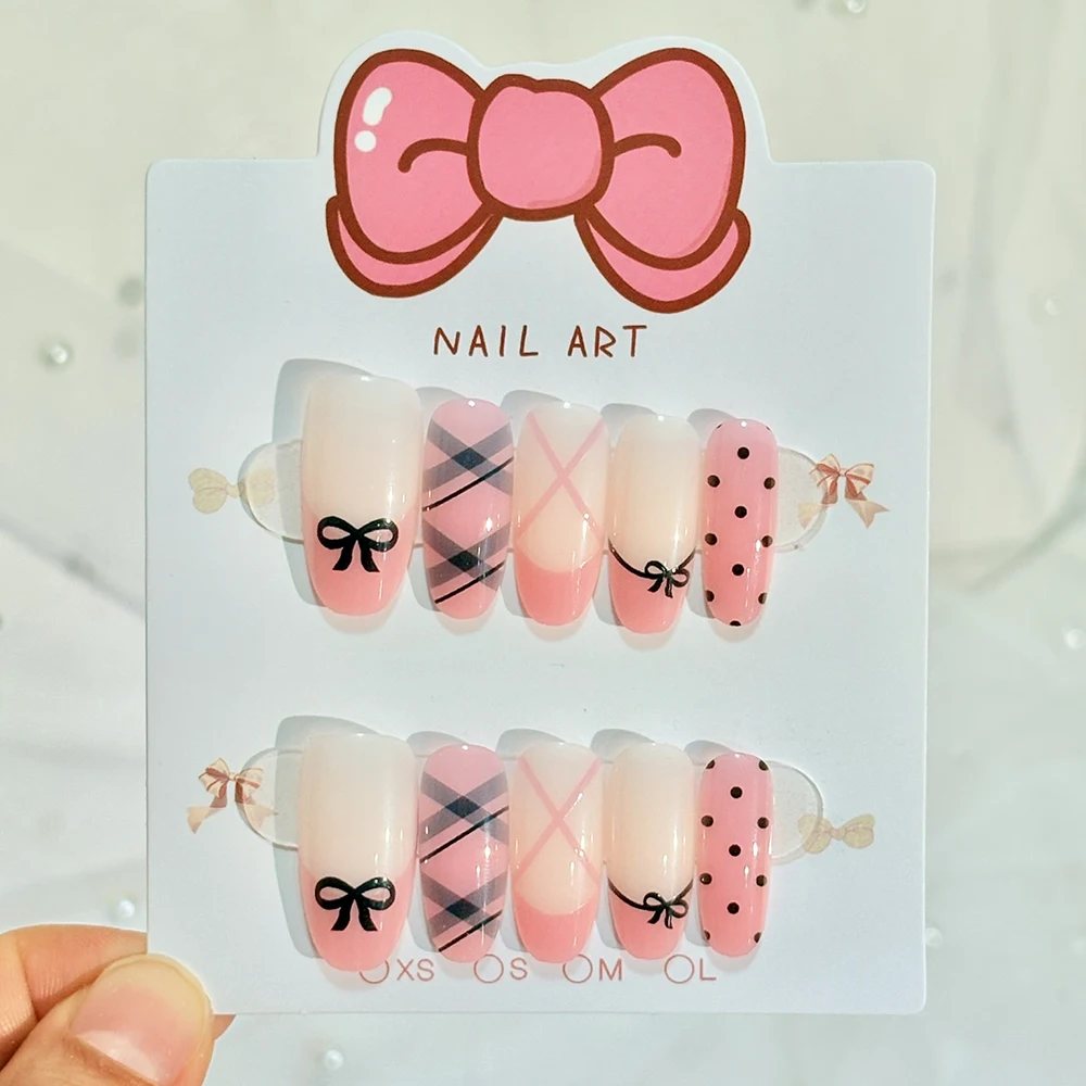 120 Stück Kawaii Französische Karierte und Gepunktete Künstliche Nägel Mittellange Ovale Aufklebenägel Frühlingsblumen-Kirsch-Design Tragbare Falsche Fingertips – Detail 8
