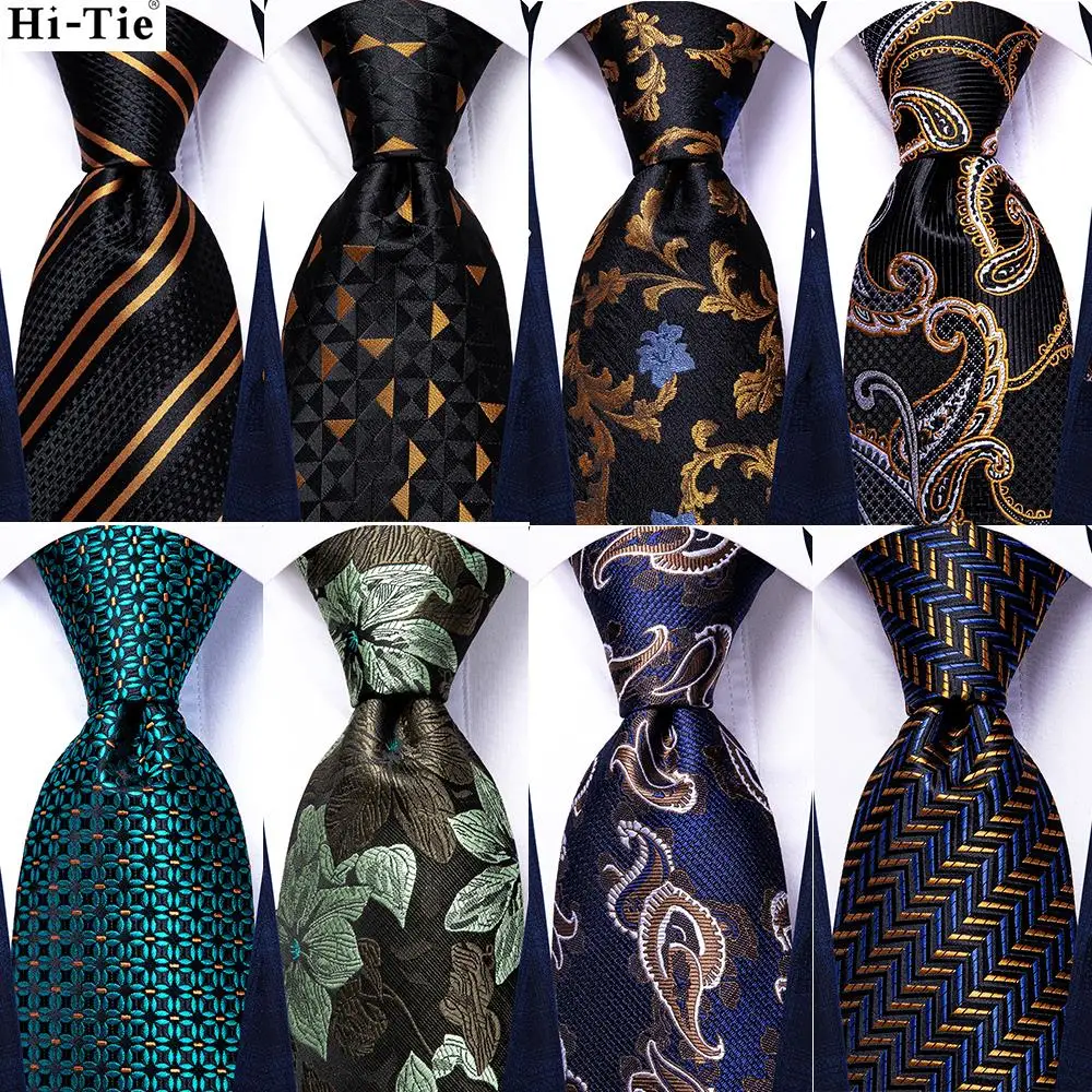 

Hi-Tie Gold Black Blue Striped Silk Wedding Tie For Men New Fashion Paisley Design Quality Hanky Cufflinks Nicktie Dropshipping