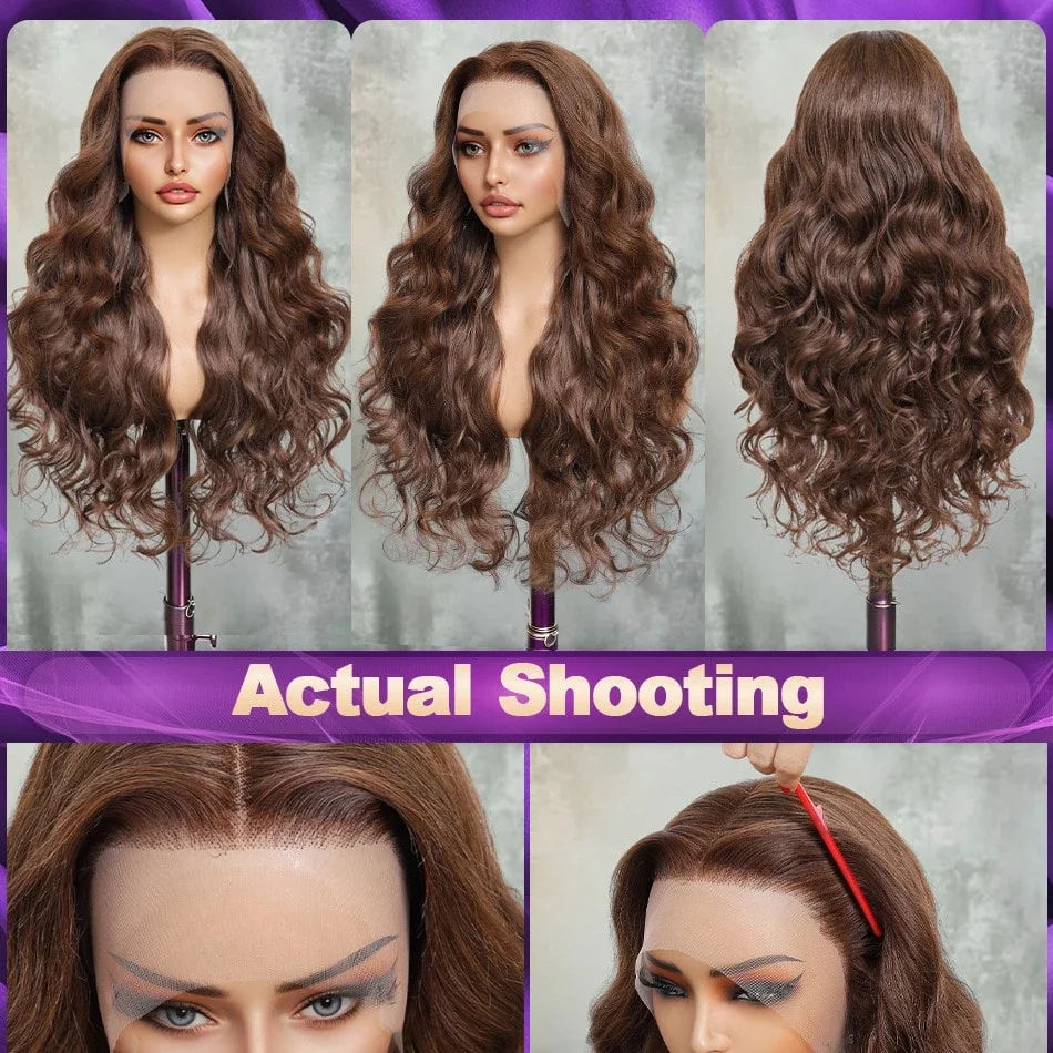 250% High-Density 13x4 Forehead High-Definition Lace Wig Chocolate Body Wave Human  Wigs for Women 28 Inch