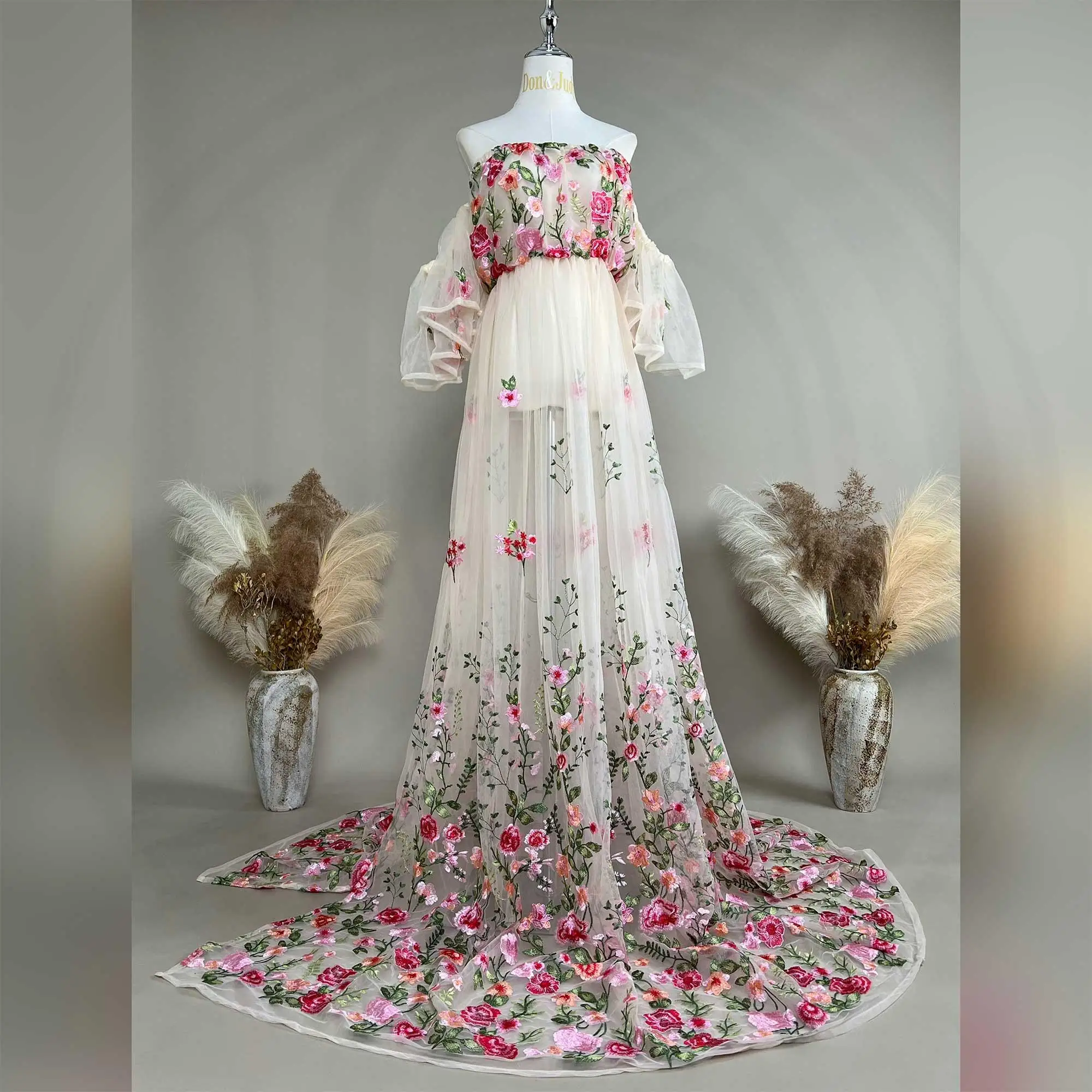 Don&Judy Blumenstickerei-Kleid, Hochzeitskleid für Damen, Tüllkleider, trägerloses Kleid mit seitlichem Schlitz, eleganter Rock – Detail 5
