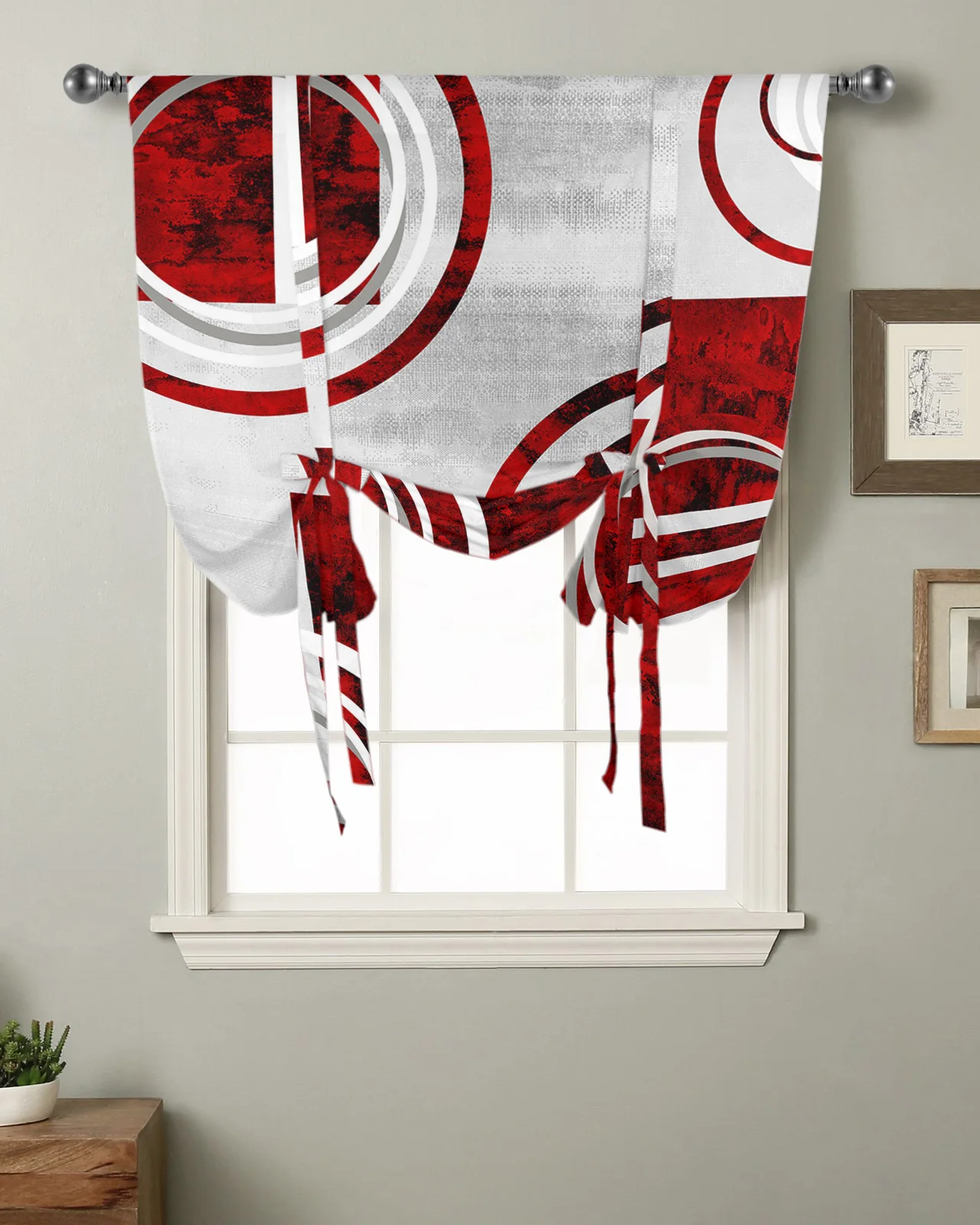 

Abstract Retro Geometric Marble Texture Red Kitchen Short Window Curtain Modern Home Decor Small Window Roman Tie Up Curtains
