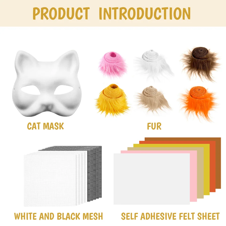 Seenelling 33 Pcs Therian DIY Mask Kit For Beginners Including Blank Cat Mask Faux Fur Fabric Felt Fabric Plastic Mesh Sheet(Bright Colors