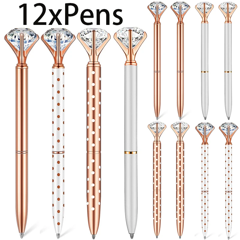 

12Pcs Ballpoint Pens Metal Crystal Diamond Pen for Journal Black Ink Pretty Cute Kawaii Pens