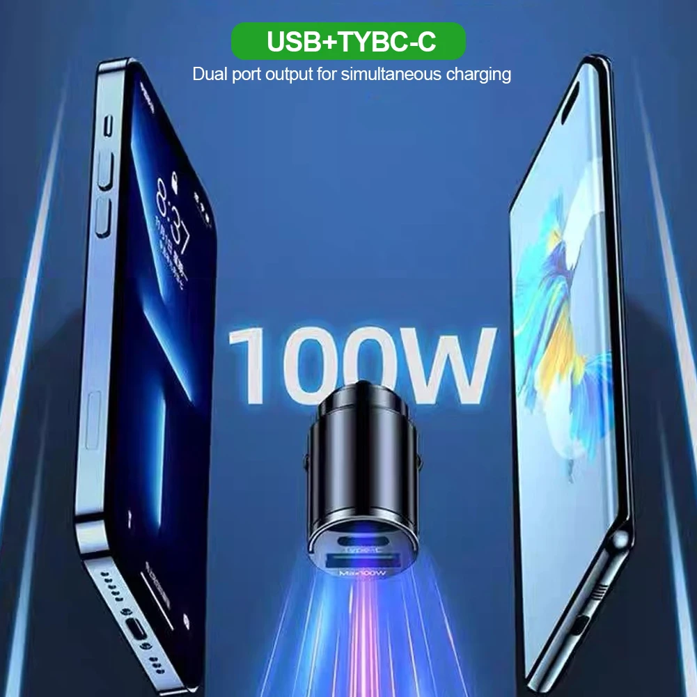 Compact 100W Dual USB Fast Car Charger with Type C Port