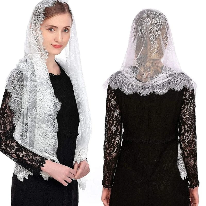 A52E Blumenspitzenschleier für Kopfbedeckung lateinischer Massenmantilla Schleier kurzer Schal für Brautfrauen 2 Farben, um Vei – Detail 8