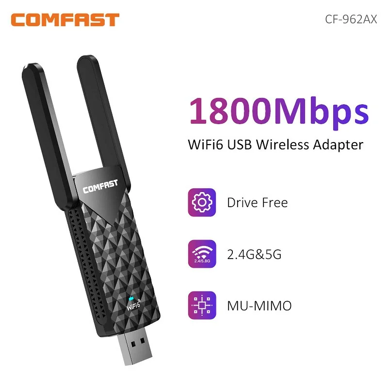 

CF-962AX High Speed 1800Mbps Free Drive WiFi 6 Adapter Gigabit Dual Band WiFi 6 USB Dongle Wireless Network Card For Win10/11