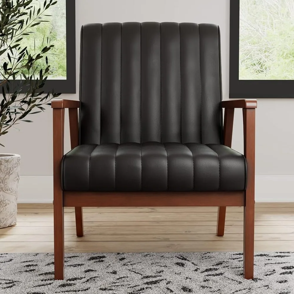 

Exposed Wooden Arm Accent Chair for Living Room-Real Wood-Modern Channeled Tufting Armchairs the Home Furniture