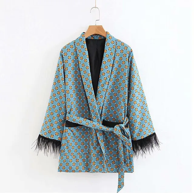 Women's Suits Sunc Spring LOOSE Blue Printed Kimono Jacket with Feather Sleeves Wide Leg Pants Two-piece Viintage Clothing Suits Blue-coat
