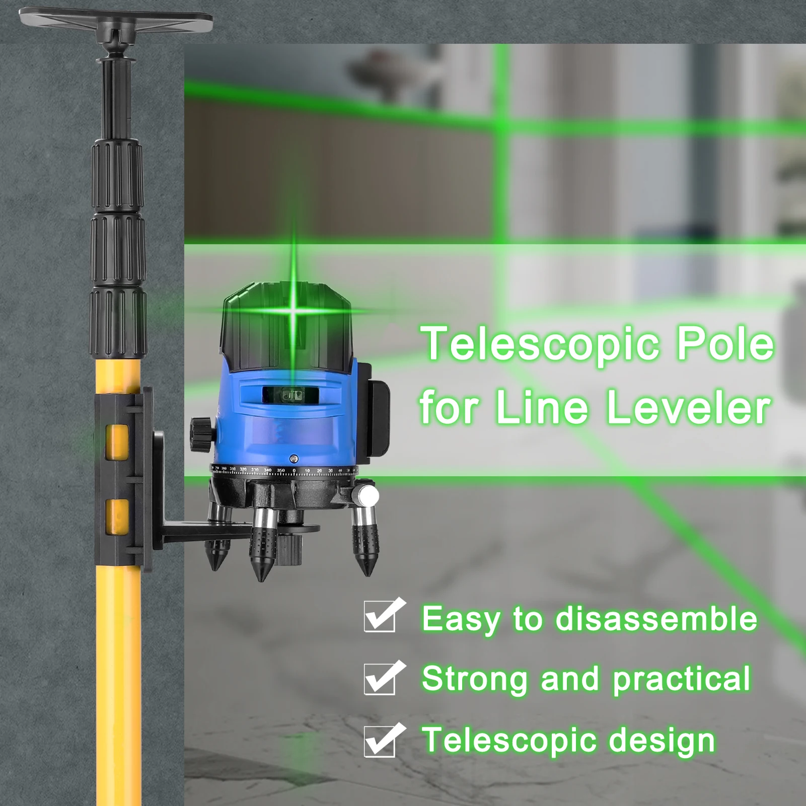 Poste de nivel láser ajustable con trípode de soporte, poste telescópico  profesional de 12 pies/12.1 ft para niveles láser con adaptador roscado de