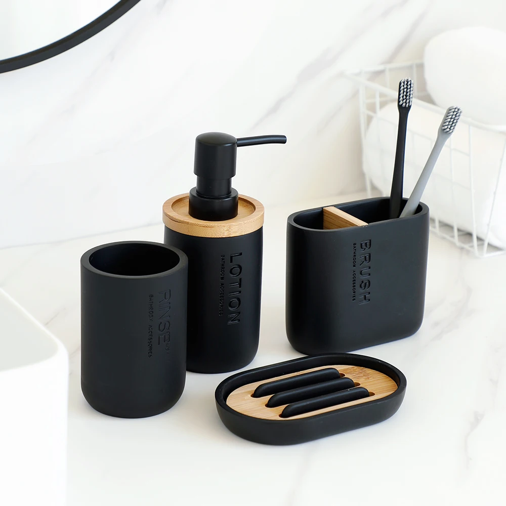 Bathroom Accessories set Soap Lotion Dispenser Toothbrush Holder Soap Dish Tumbler Pump Bottle Cup Wood Black or White soap dispenser,bathroom accessories set