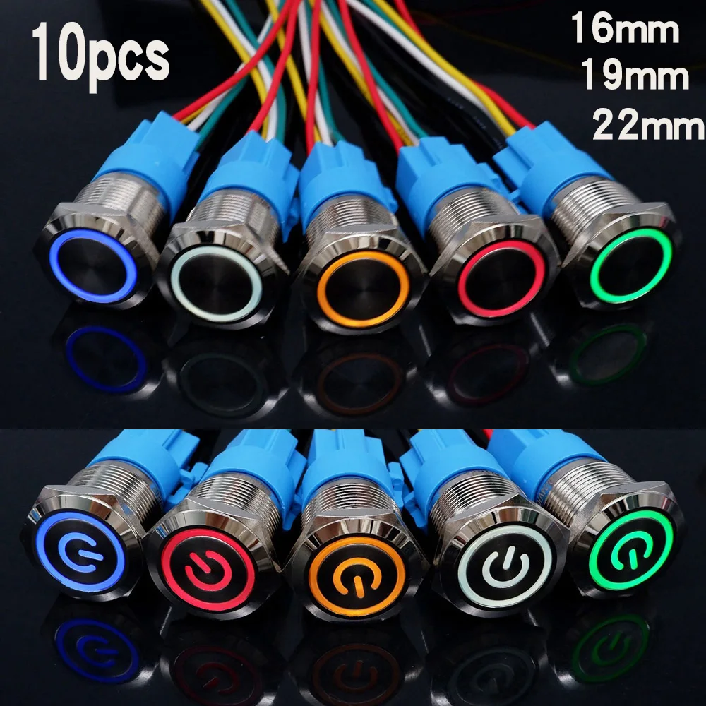 

10 Silver Flat Head Metal Button Switches With Wires16/19/22mm Waterproof Lighting Instantaneous 12V 24V 220V LED Lights Red