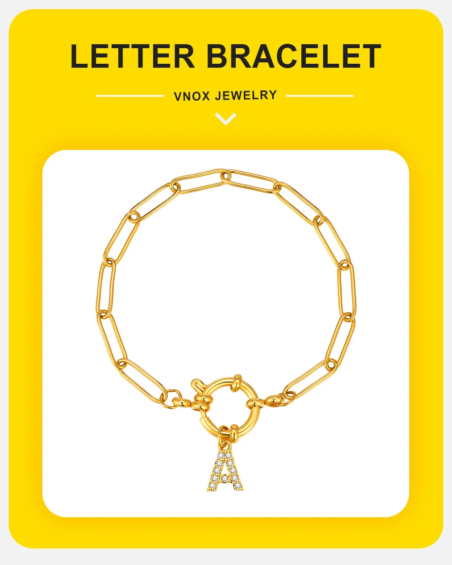 Vnox Klassische Damen-Armbänder aus Edelstahl mit Büroklammerkette, trendiger Zirkon-O-Ring-Anhänger mit 26 Buchstaben, Charms Back School Gifts – Detail 1