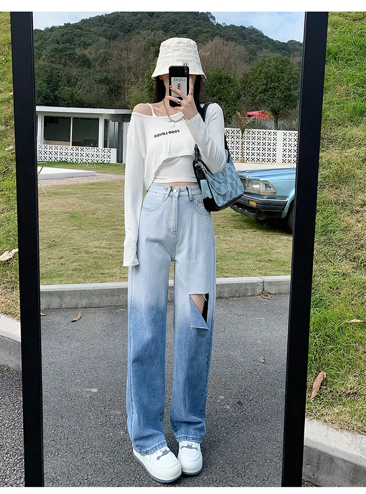 CGC Korean Fashion Gradient Baggy Jeans Women 2022 Spring Autumn Hole High Waist Jeans Wide Leg Women Oversize Denim Pants black ripped jeans