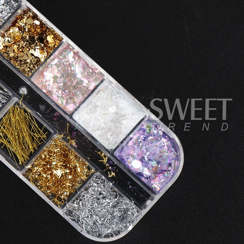12 Grid Aurora Crystal Opal Powder Nail Glitter Iridescent Dust Charm Aluminum Foil Nail Flakes Slice Sparkly Sequin Manicure