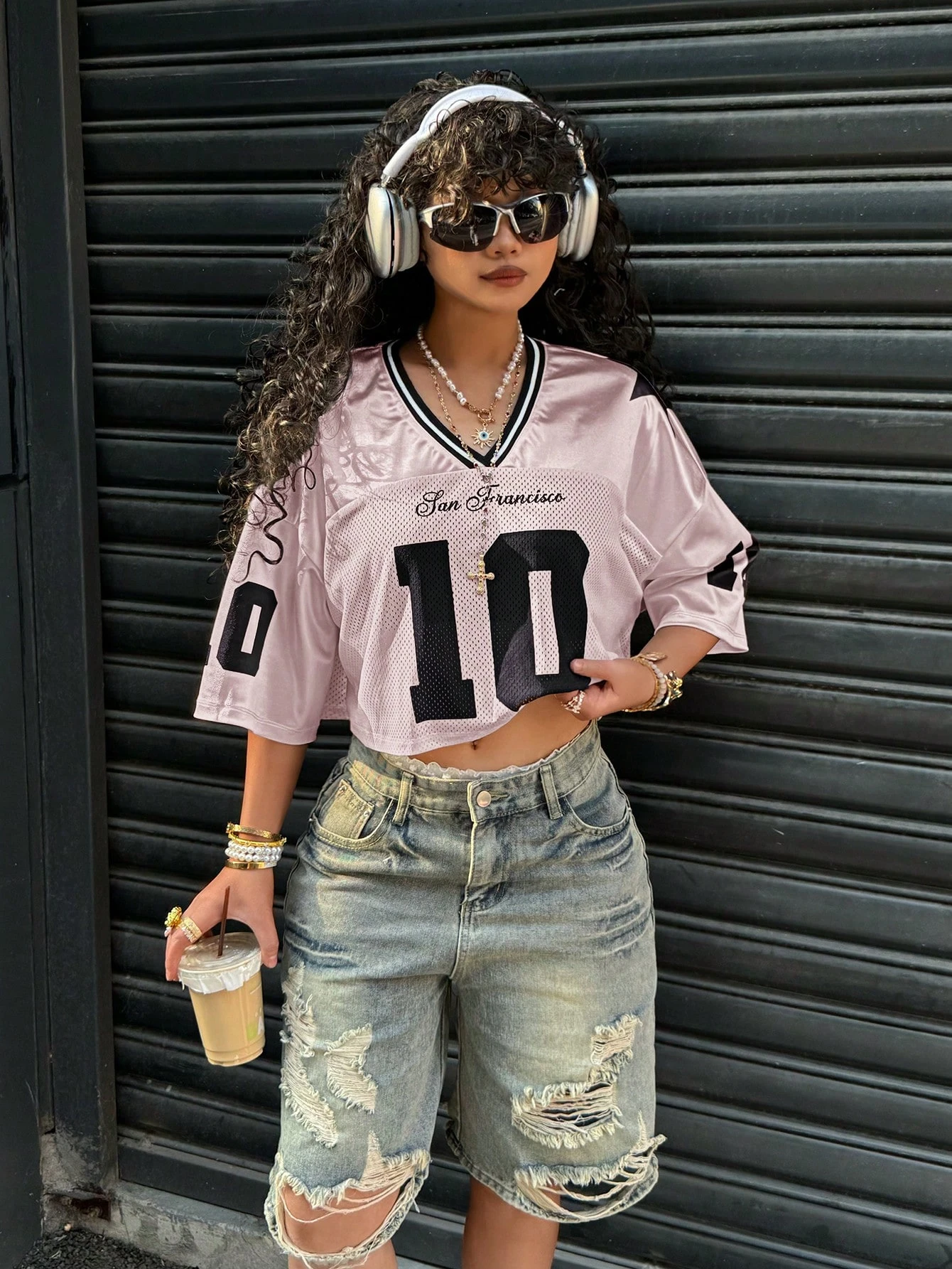 2025 Summer Women's Y2K Fashion Casual Sports Shirt American No. 10 Jersey V-Neck Loose Casual Breathable Quick Drying T-Shirt 2
