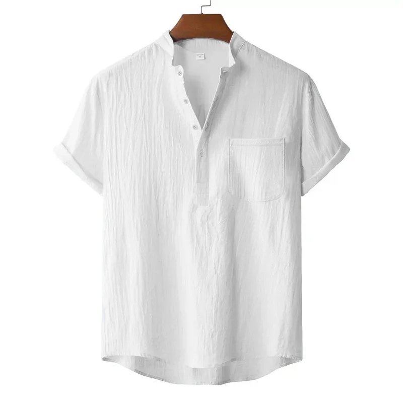 Men's Summer Cotton Linen T-shirt Beach Style Short SLeeve Henley Neck Vacation Hawaii Casual Lightweight Breathable Cozy Tops