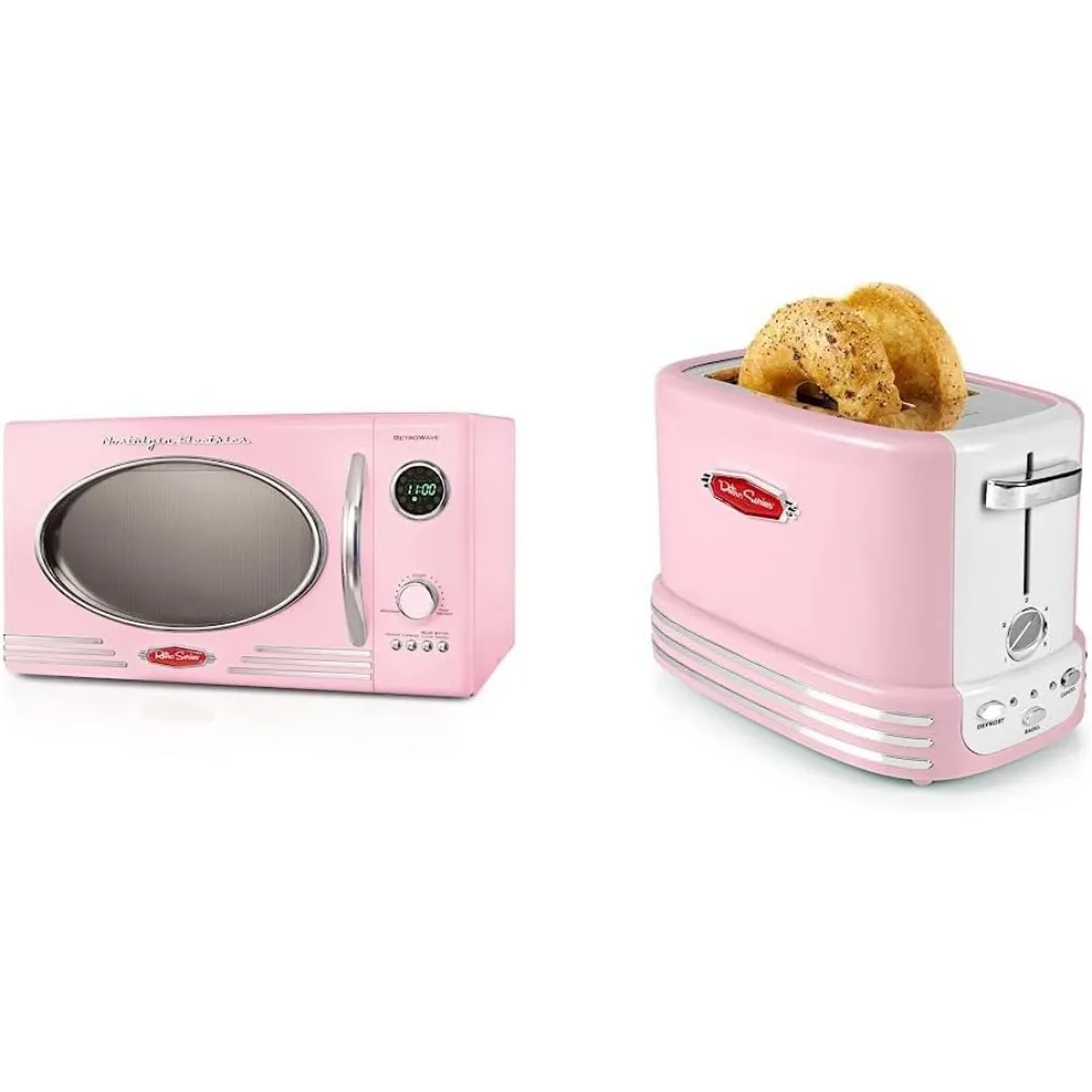 Microwave Oven, 800 Watt 0.9 Cu Ft 12 Pre-Programmed Cooking Settings Digital Clock Pink & Retro Wide 2-Slice Toaster, Vintage